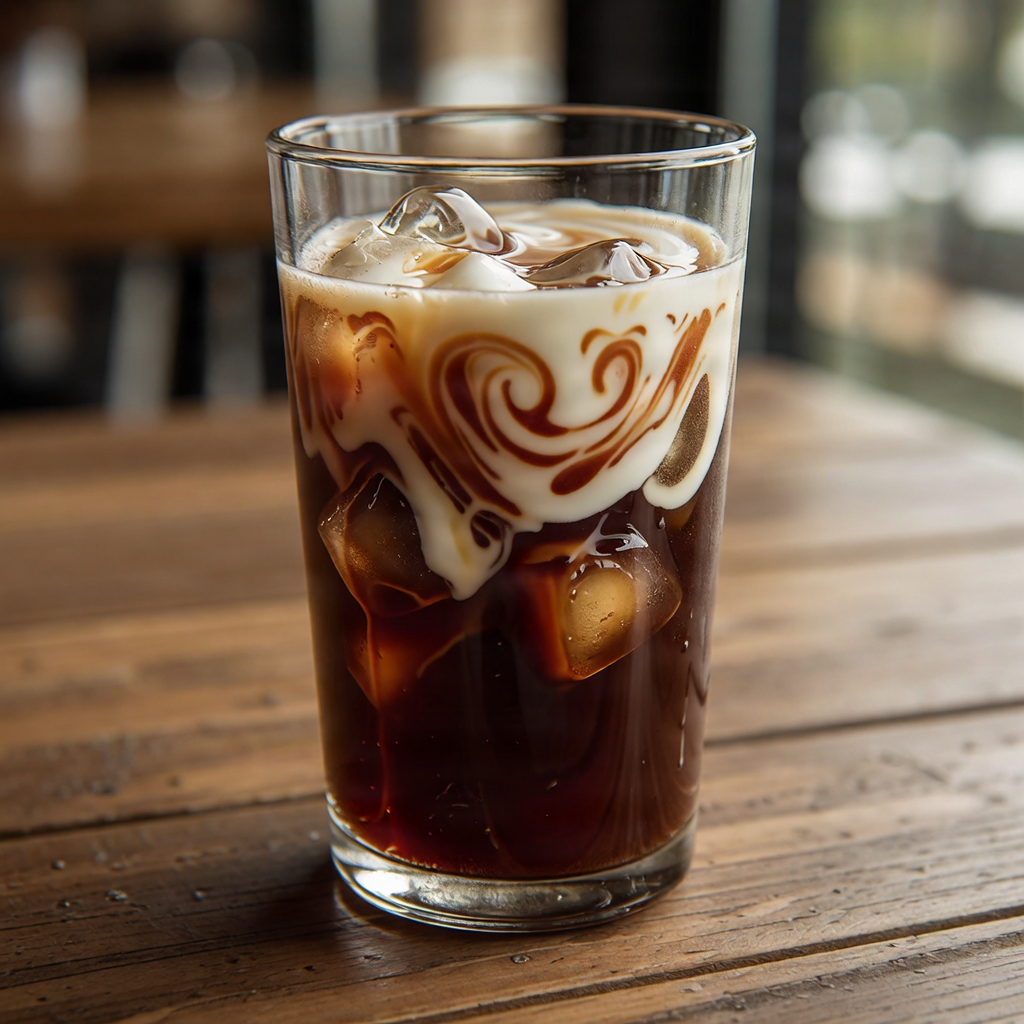 Signature Cold Brew coffee in a glass with ice and milk swirls